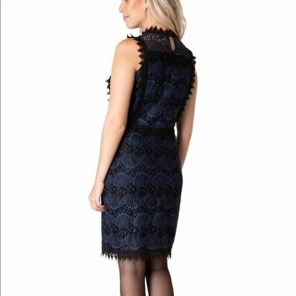 YEST Netherlands NWT crochet black blue peacock high neck fitted midi dress 8 - Picture 2 of 16